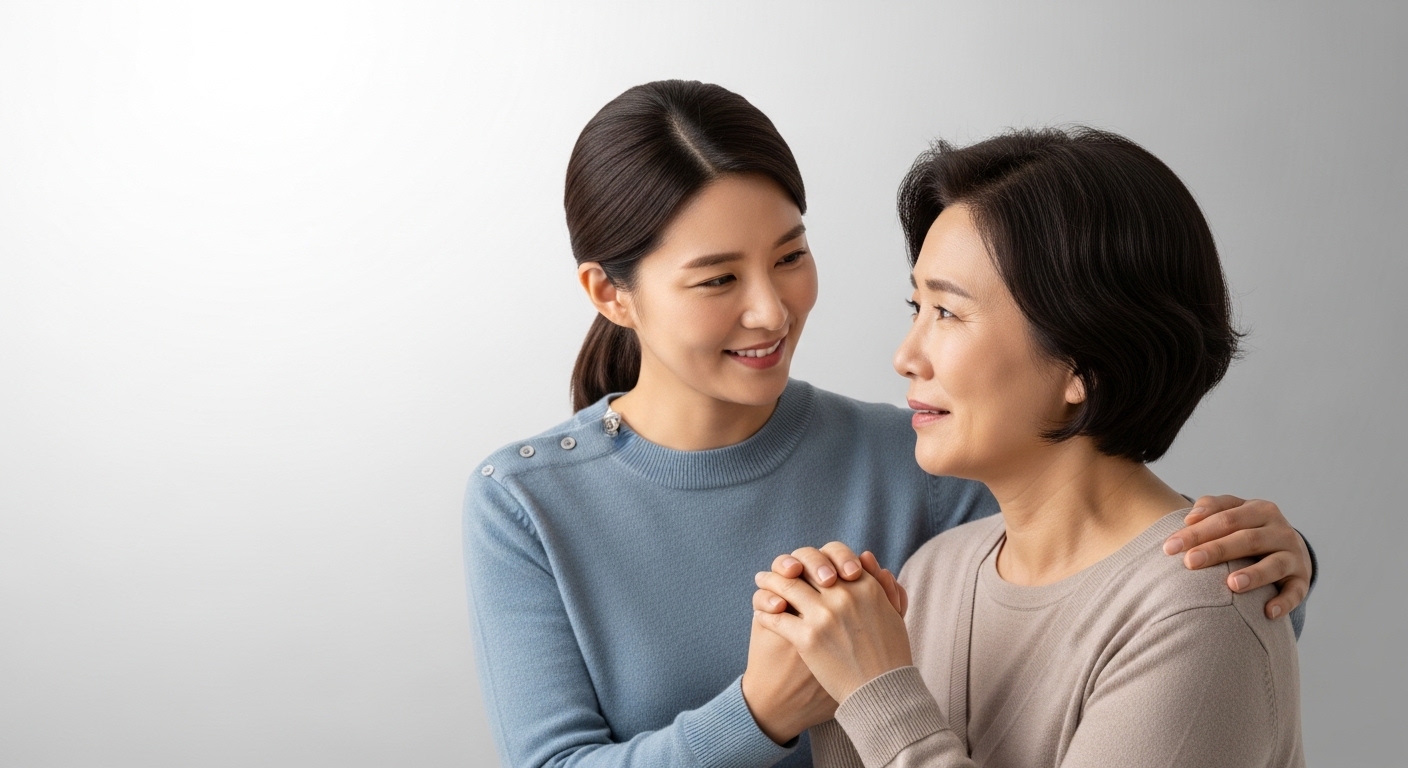 백내장 검사를 앞두고 긴장한 환자에게 가족이 곁에서 따뜻한 위로와 지지를 보내는 모습